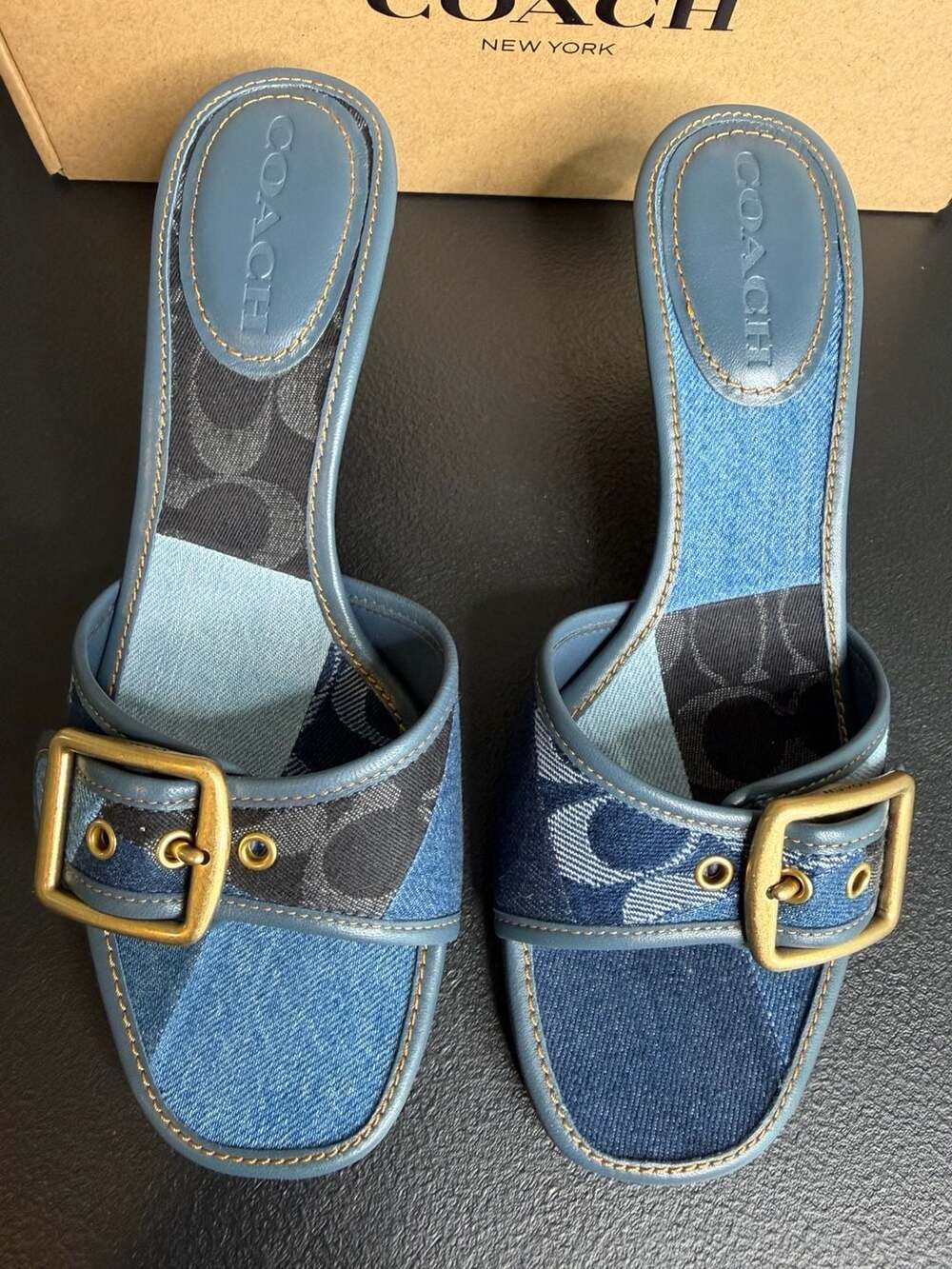 Coach Margot Denim Patchwork Kitten Heel Sandals Blue CEF08 sz 7.5 BNIB $195 - Picture 3 of 8